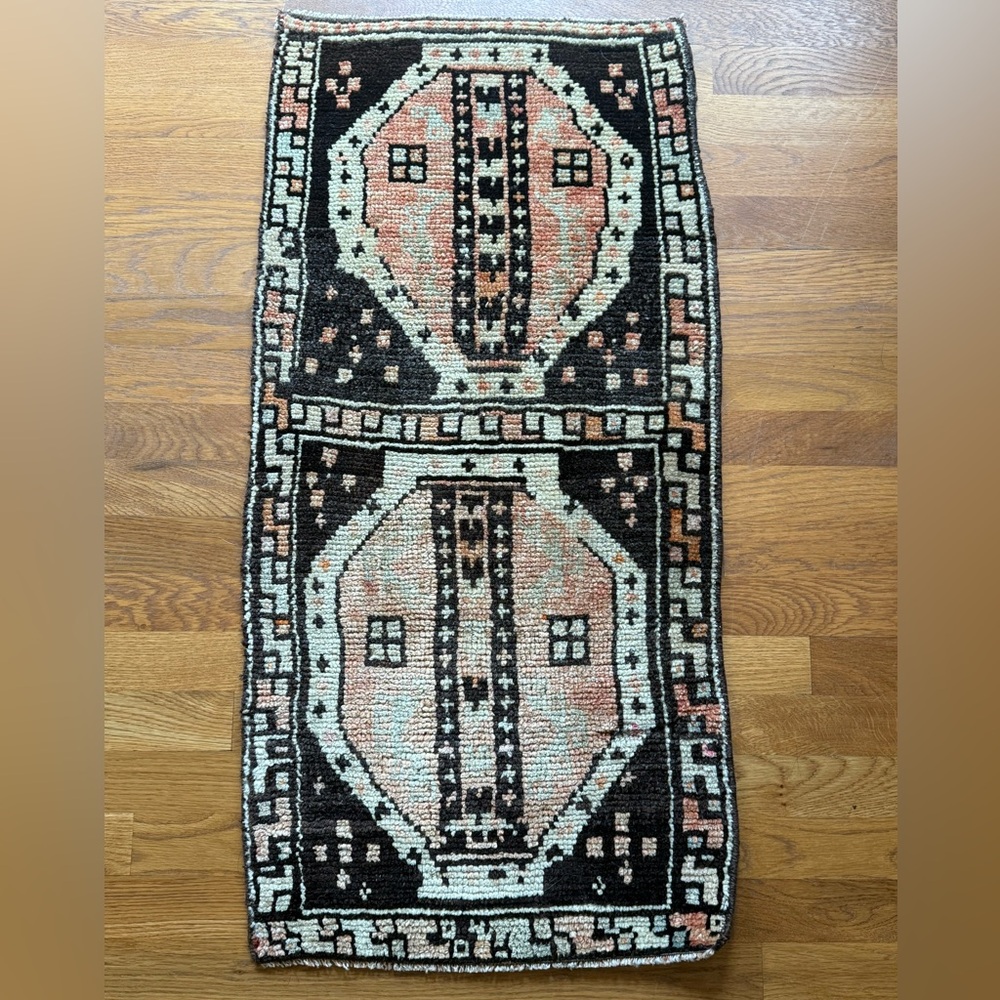 Vintage Unique Turkish Kilim Geometric Patterned Rug in Black and Coral Red